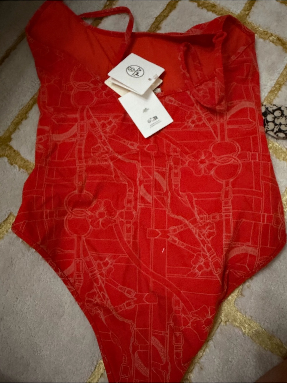 Hermes Red Patterned One-Piece Swimsuit - Picture 7 of 10